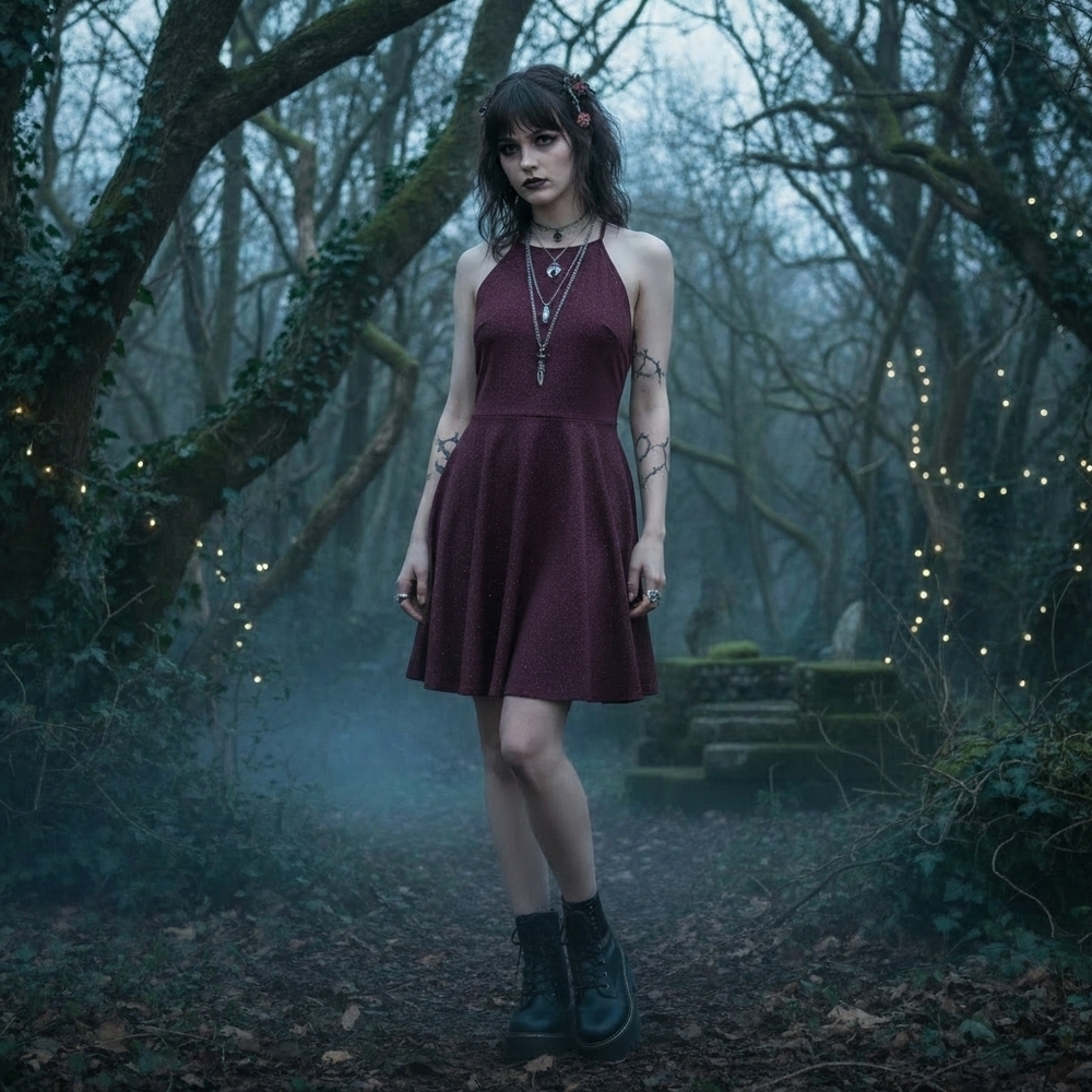 Purple Sparkle Glitter Shimmer Dress Fairycore Med Lace Cut Out Fairy Grunge